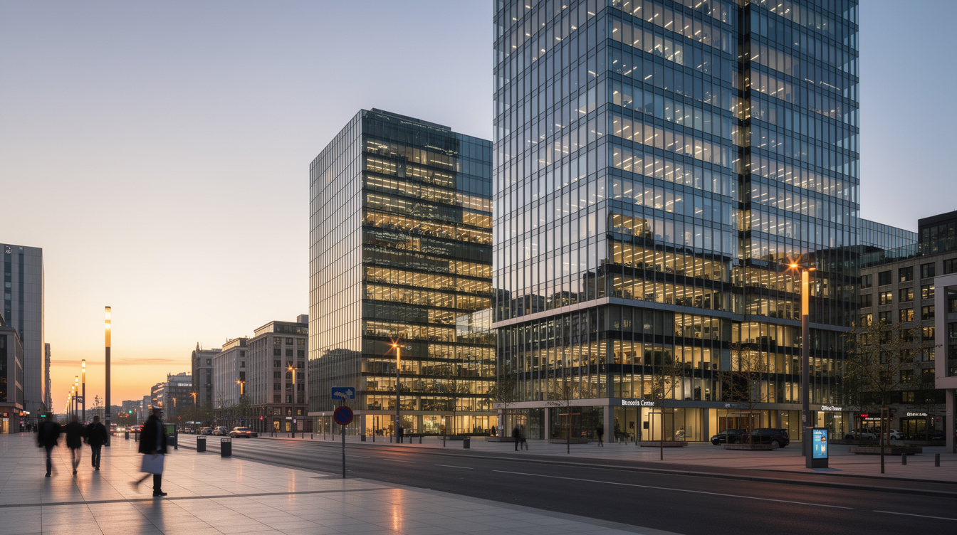 Modern business district skyline in Brussels at dusk
